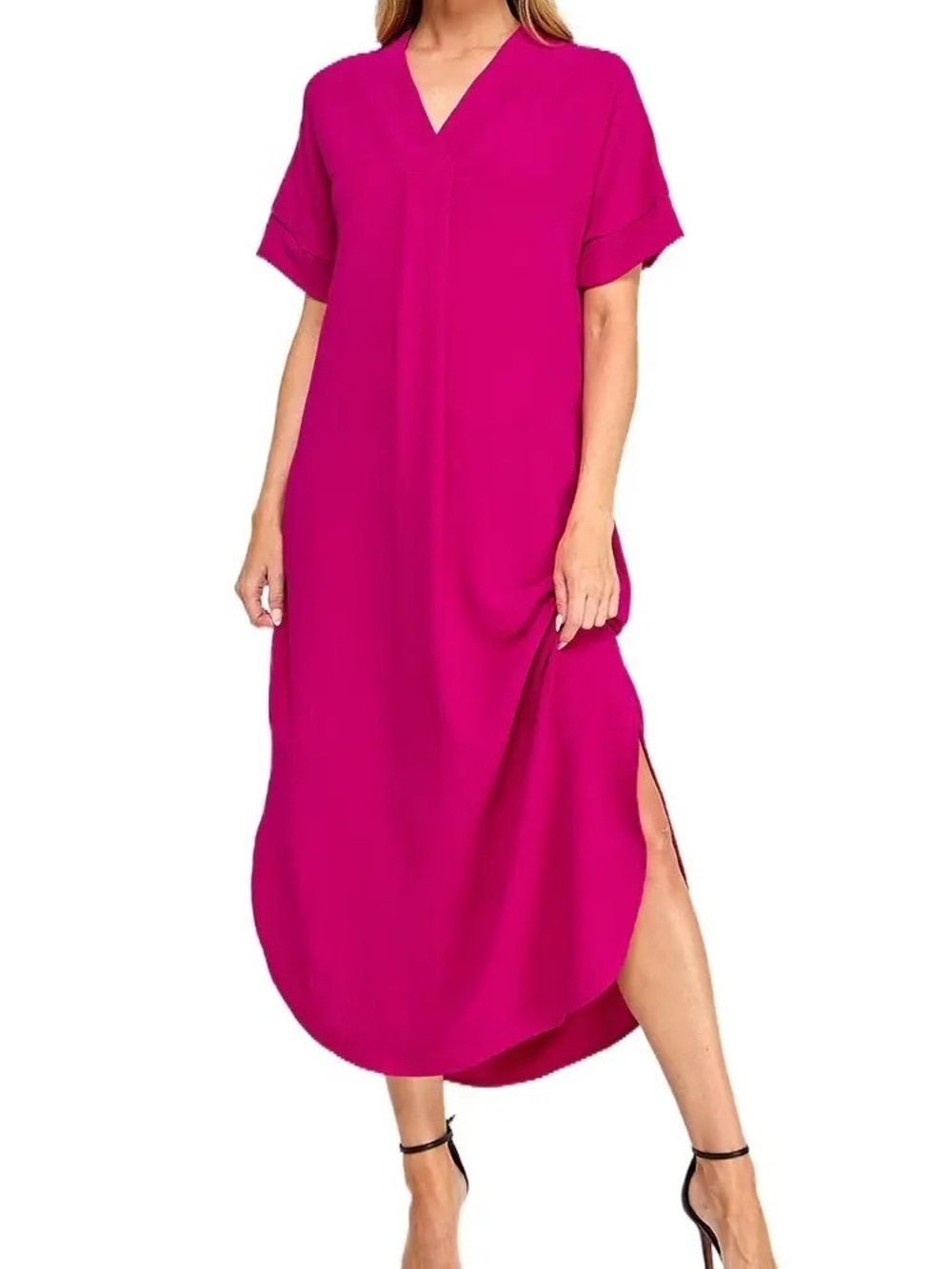 2Hearts Flowy V-neck Dolphin Hem Midi Dress in Fuschia XL